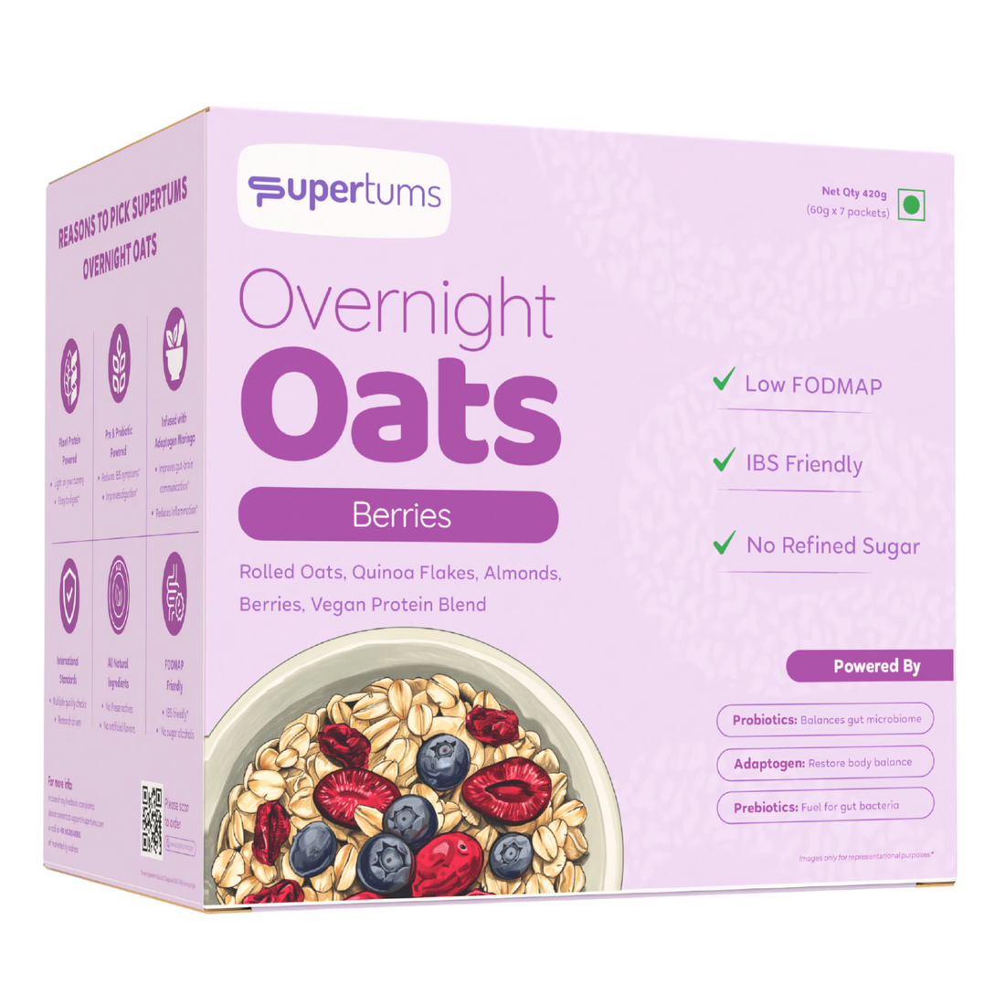 Supertums Overnight Oats Mixed Berries 420g | Low FODMAP | High in Protein | All Natural