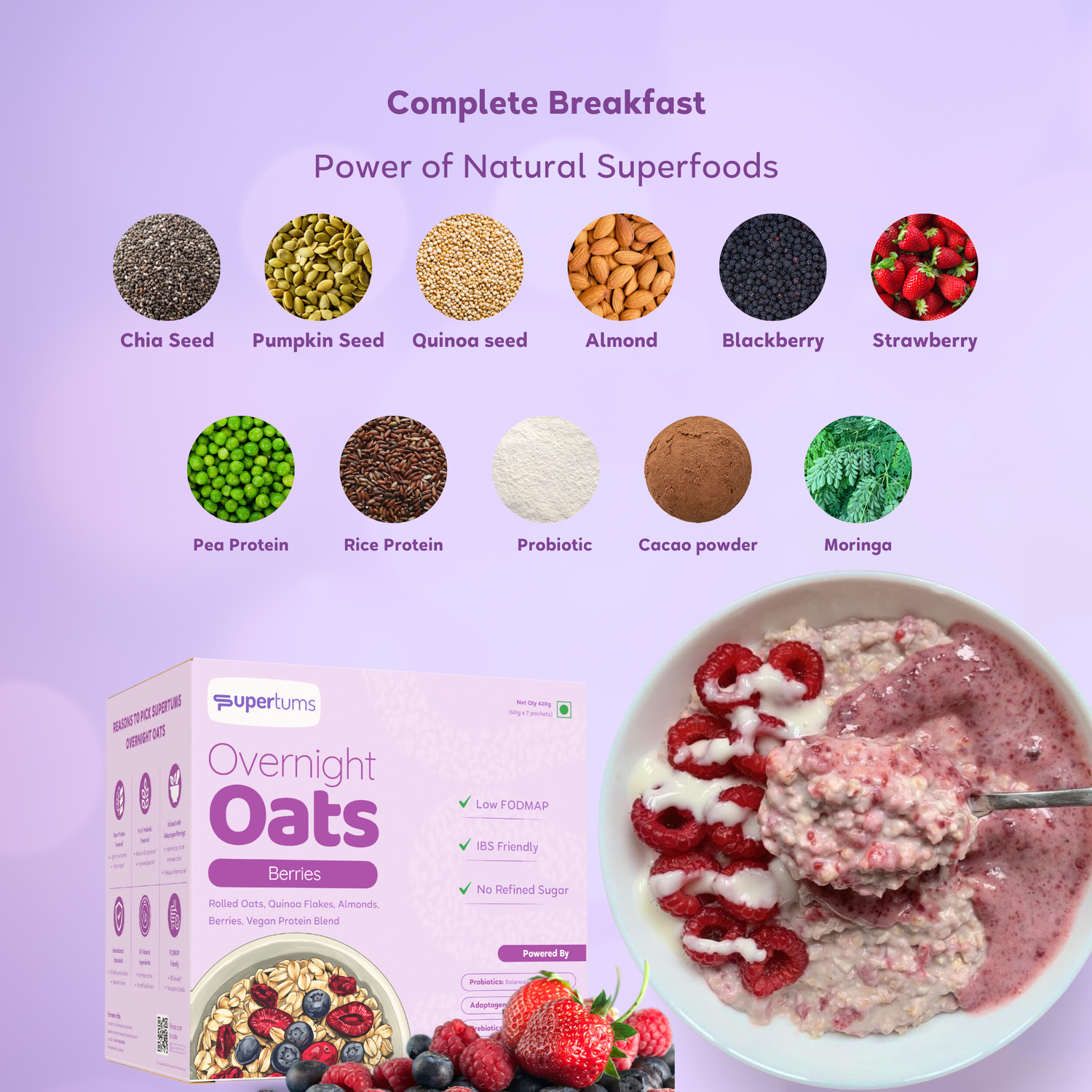 Supertums Overnight Oats Mixed Berries 420g | Low FODMAP | High in Protein | All Natural