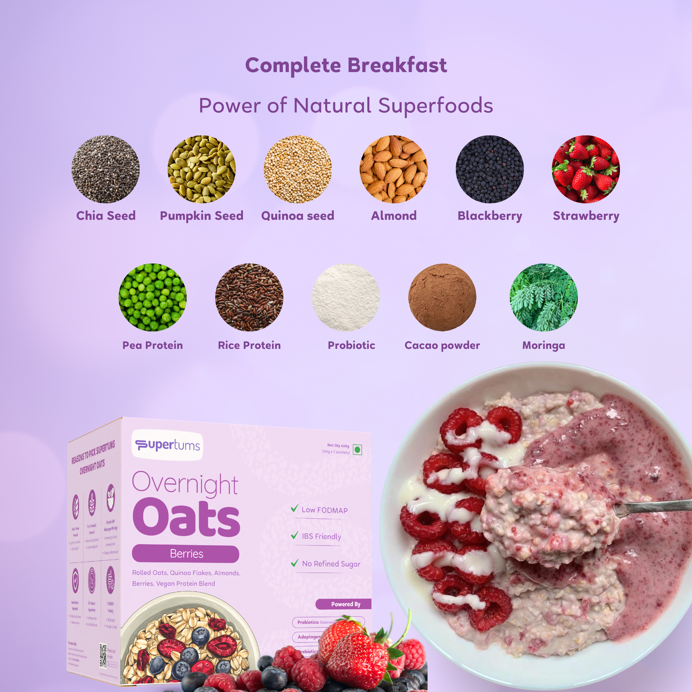 Supertums Overnight Oats Mixed Berries 420g | Low FODMAP | High in Protein | All Natural